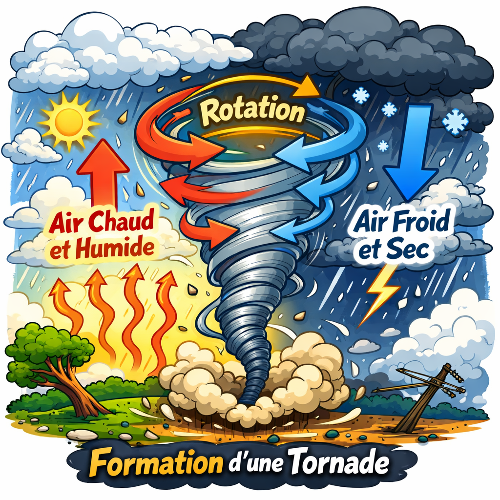 Illustration cartoon de la formation d'une tornade